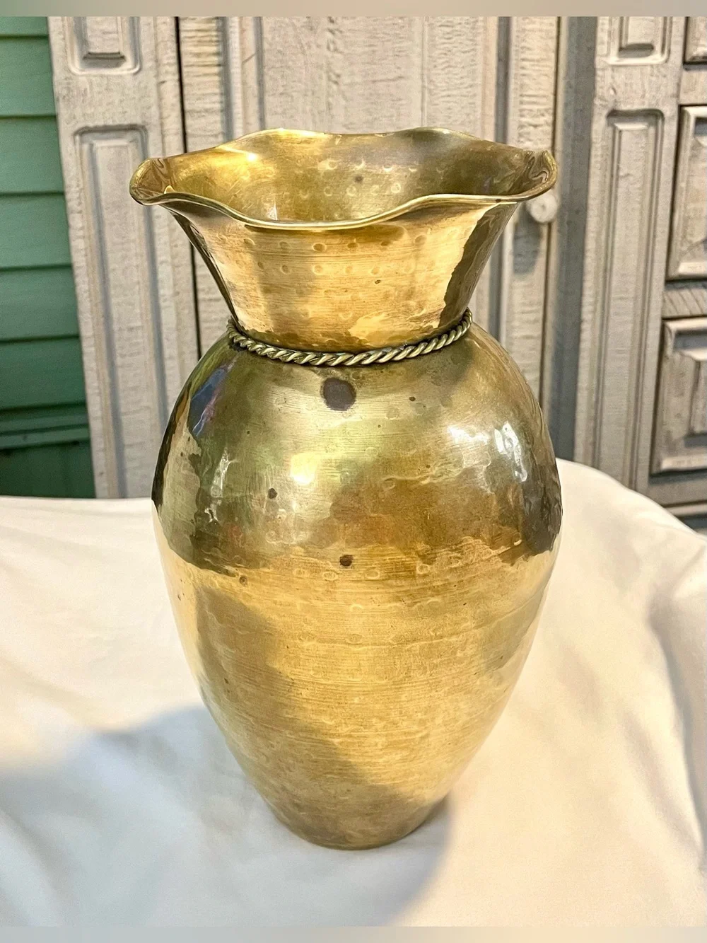 VTG Hammered Brass Vase w/Ruffled Collar & Metal Braided Cording - Made In India